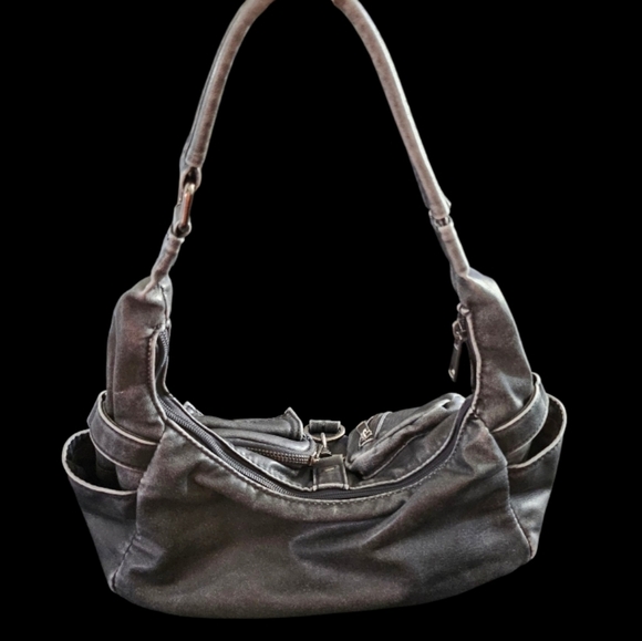 Y2K Dark Grey Faux Leather Grunge Shoulder Bag - Picture 2 of 5